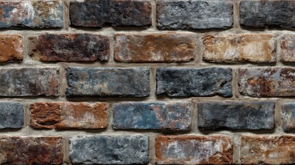 Obraz premium A textured brick wall showcasing varying shades of brown, red, gray, and blue bricks,