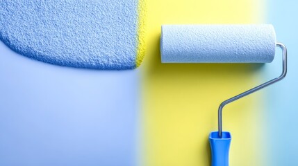 Obraz premium Top down view shows paint roller with blue handle applying textured patch of light blue paint to background that is primarily bright yellow and blue