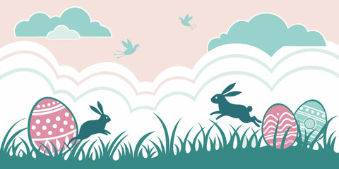Horizontal banner featuring layered paper-cut clouds, bunnies, Easter eggs, and a bright spring dark sky background. 