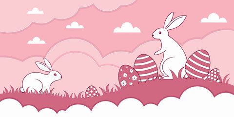 Horizontal banner featuring layered paper-cut clouds, bunnies, Easter eggs, and a bright spring  pink background. 