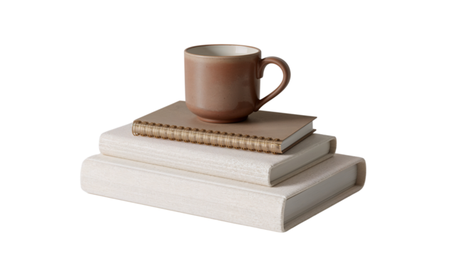 Aesthetic brown mug placed atop a stack of closed books against a black backdrop