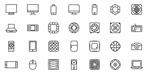 Modern line art icons showcasing technology and appliances in a minimalist design, perfect for digital interfaces and tech-related content with a clean aesthetic
