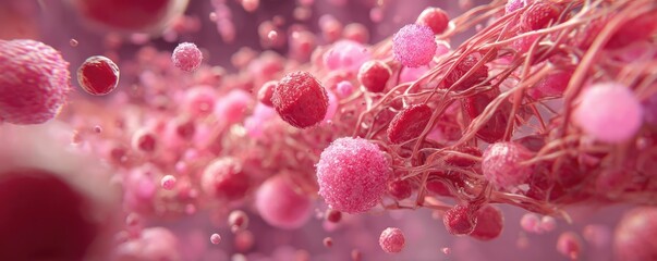 Fat and cholesterol in human blood vein concept. Abstract representation of pink cells floating in a vibrant background.