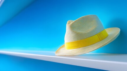 Light colored fedora with bright yellow band is resting on white shelf against vibrant blue background