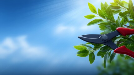 Pair of red handled pruning shears is shown mid clip on branch of bright green leaves against  vibrant sunlit blue sky