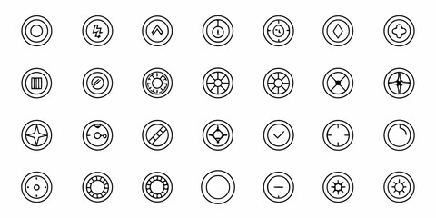 Diverse collection of modern circular icons representing controls, symbols, and indicators for interfaces, applications, and digital design projects, offering versatile visual elements.