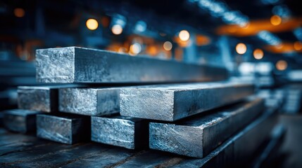 Extraction and refinement of precious rare earth concept. Close-up of metallic bars in a industrial warehouse environment.