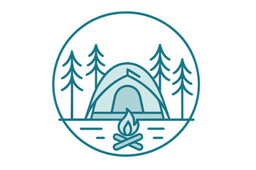 Minimalist camping scene with tent campfire and pine trees inside circle