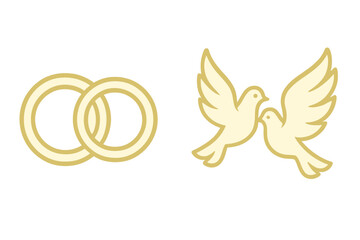 Interlocking wedding rings and pair of flying doves symbols