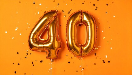 Orange balloon number 40 with confetti on solid colored background. Photo for anniversary or birthday party