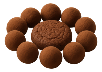 A decorative ceramic plate with an arrangement of cocoa-dusted truffles and a single cocoa cookie in the center.