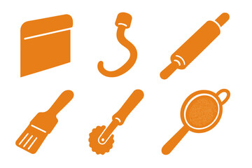 Set of essential kitchen tools for baking and cooking preparation including rolling pin and sifter