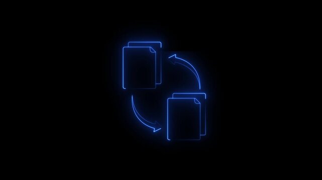 Abstract neon file transfer icon glowing animation,Neon light glow effect. Glowing neon File Upload icon isolated ,on a black background and 4k video animation.