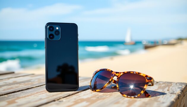 An image featuring a smartphone in its case resting on a wooden bench at a beach setting with clear skies and blue ocean in the background.