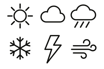 Set of simple black outline icons depicting various weather conditions and phenomena