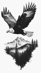 Black and white eagle and mountain tattoo design