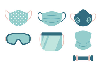 Set of personal protective equipment including face masks, respirators, goggles, and shield