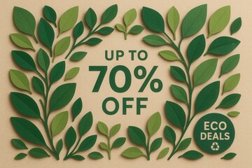 Eco deals banner with UP TO 70% OFF discount offer, bold natural style, enticing retail promotional offer.