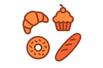 Simple stylized icons of croissant, cupcake, donut, and baguette bakery items