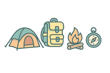 Outdoor adventure symbols featuring essential camping equipment and navigation tools