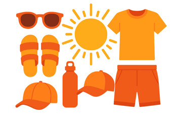 Flat lay collection of essential summer vacation clothing and accessories