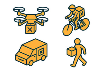 Isometric icons showing modern logistics and package delivery transportation modes