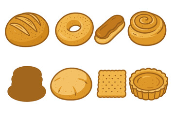 Assortment of sweet and savory baked goods including bread, pastries, and biscuits