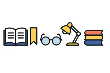 Collection of educational supplies including an open book, reading glasses, and a desk lamp