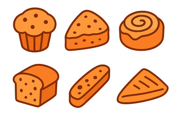 Six delicious bakery items including bread, cake slices, and a sweet cinnamon roll