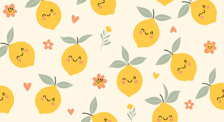 Cute yellow lemons with pink flowers and hearts pattern.