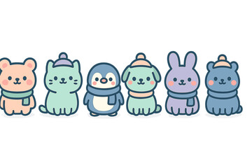 Adorable cartoon animals wearing warm winter scarves and hats in soft pastel colors