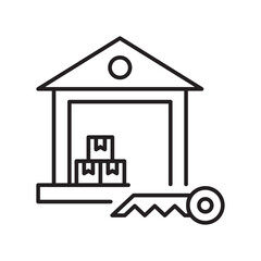 Warehouse with key line icon, storage security outline, logistics and access.