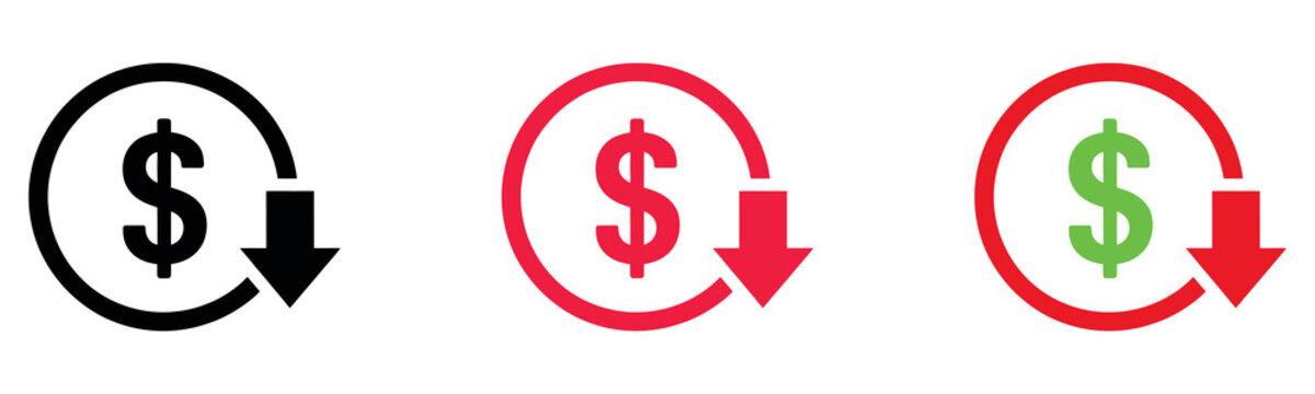 Vector illustration of a cost reduction icon &mdash; dollar symbol with a downward arrow representing price drop, financial savings, and decreased expenses in modern flat design.