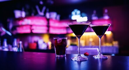 Vibrant nightlife bar scene with cocktails and neon lights