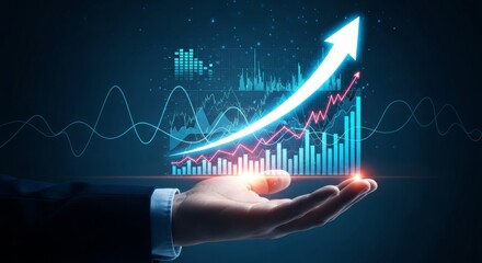 Business growth concept with bar chart and rising arrow over male hand