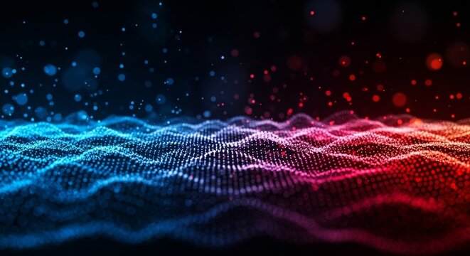 Dynamic digital wave: abstract blue and red particle landscape on black background - Powered by Adobe