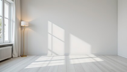 Fototapeta premium An interior space characterized by minimalistic design. A room is furnished with hardwood floors and white walls, lending a clean and uncluttered appearance