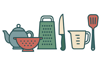 Set of essential kitchen utensils including teapot colander grater knife and spatula