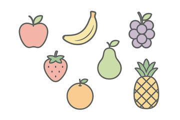 Colorful outlined fruit icons set including apple, banana, strawberry, pear, orange, and grapes