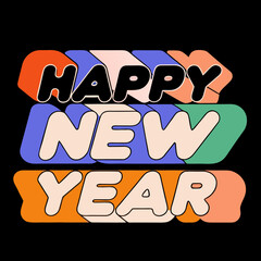 Bold 3D Happy New Year lettering with vibrant color blocks and black background text typography