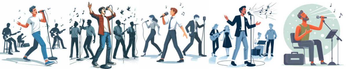 Fototapeta premium Vector set of images of people singing
