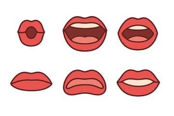 Six cartoon mouths showing different lip movements and expressions