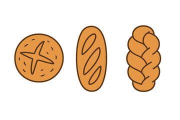 Assortment of traditional baked bread loaves including round bun, oval baguette, and braided challah