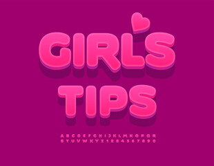 Vector Cute badge Girls Tips with Decorative Heart. Cool Red 3D Font. Set of Rounded Alphabet Letters and Numbers