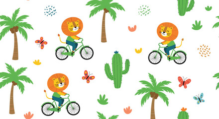 Cute cartoon lions riding bicycles in a playful pattern with palm trees and cactuses.