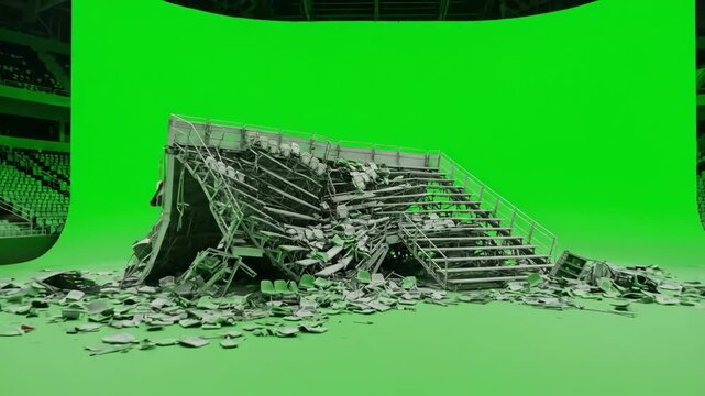 Collapsed Stadium Bleachers on Green Screen - A collapsed stadium bleacher set, with chairs and debris scattered across the surface, isolated against a bright green chroma key background.