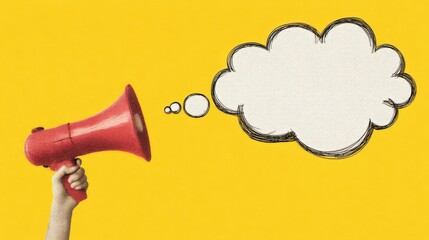 A hand holds a red megaphone emitting speech bubbles towards a large white thought bubble shape on an orange background.