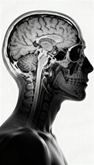 Sagittal MRI scan of a human head showing brain anatomy. Detailed medical illustration for radiology and neuroscience on a white background