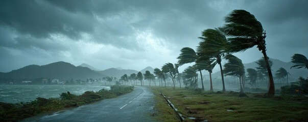 Strong wind hurricane hitting island flood concept. Stormy weather with strong winds and dark clouds over a landscape.