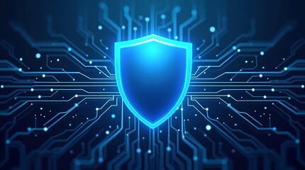 A glowing blue shield is centered, with blue circuit like patterns in the background, symbolizing cybersecurity.